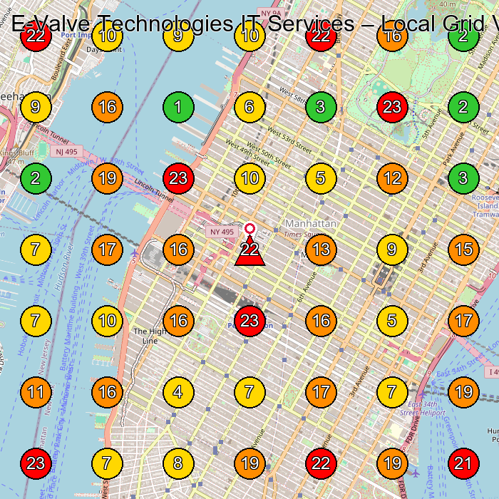 E-Valve Technologies IT Services Computer Support And Services GeoGrid ranking map for New York NY